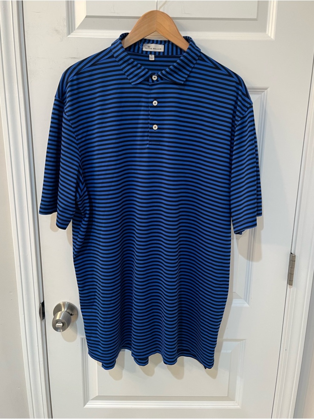 Peter Millar XL Blue Black Striped Polo Shirt Golf Casual‎ Short Sleeve Preppy